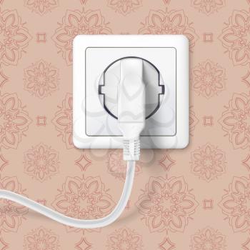 White plug inserted in a wall socket on backdrop of wall with wallpaper. The plug is plugged into the power lines with electric cord. Icon of device for connecting electrical appliances