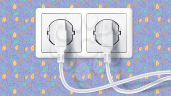 Two white plug inserted in a wall socket on backdrop of wall with colorful Wallpaper. The plug is plugged into the power lines with electric cord. Icon of connecting electrical appliances.