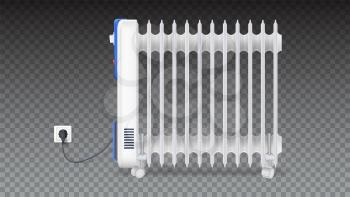 Oil radiator isolated on horizontal transparent background. White, electric oil filled heater on wheels. Domestic electric heater with plug and electric cord. 3D illustration