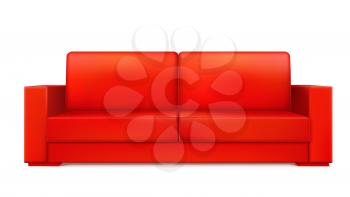 Red modern luxury sofa for living room, reception or lounge. Icon of single object, realistic design, vector isolated on white background, 3D illustration