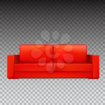 Red modern luxury sofa for living room, reception or lounge. Icon of single object, realistic design, vector isolated on transparent background, 3D illustration