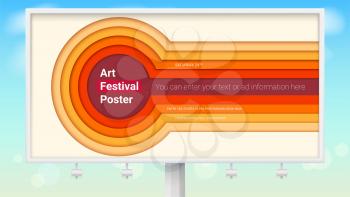 Realistic billboard with design of poster for art festival. Radial multi layers carving of paper. Abstract pattern of cut colored paper. Design layout for brochure, banner, flyer. 3D illustration