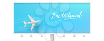 Silver airplane in blue sky on billboard. Time to travel. Flying plane on blue background. The concept of advertising banner for travel agencies, travel. Plane for travel. Jet commercial airplane