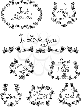Black silhouettes on white background. Vintage design elements for your design. Hand-drawn text.