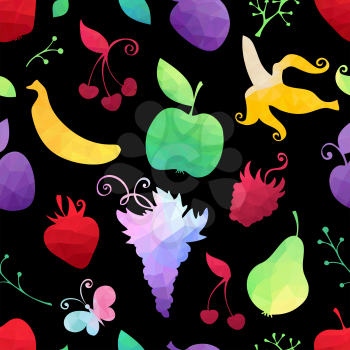 Vector colourful textute for your design. Geometric fruits on black background.