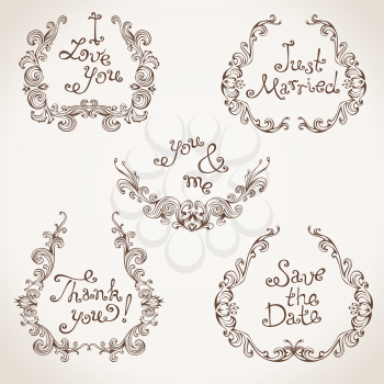 Decorative elements with text isolated on light paper background. Retro design.