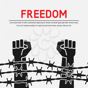 Fighting for freedom concept. Hands clenched into fist behind barbed wire. vector illustration