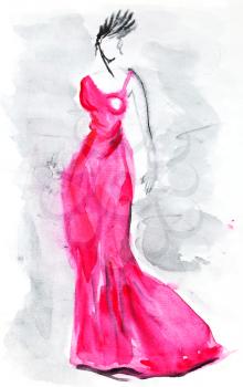 fashion of 20th Century - long pink evening gown of 30th years