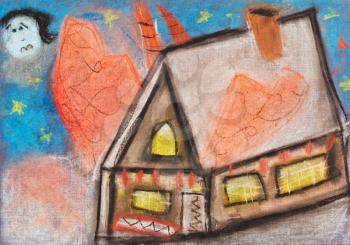 children drawing - country house in night under blue sky with full moon