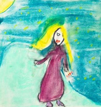 children drawing - girl with long yellow hair and red dress walks over summer night sky