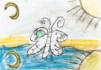 children drawing - butterfly between sun and moon over river