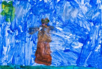 children drawing - woman walks in dark blue night