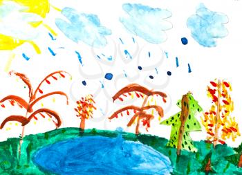children drawing - rain and forest lake