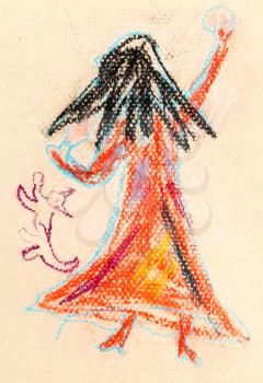 children drawing - little witch with long black hair in red dress and cat