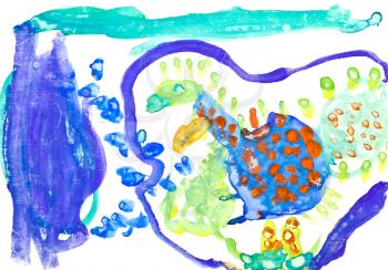 children drawing - little blue dragon on lakeside