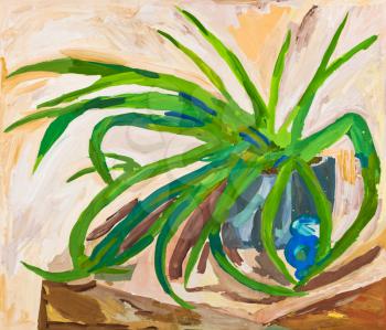 children drawing - long green leaves of indoor plant