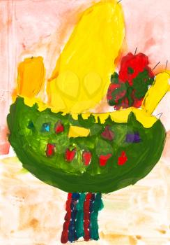 childs painting - bowl with fruits and banana