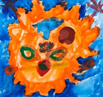 childs painting - orange face of sun with blue sky background