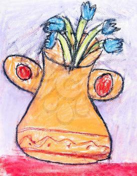 childs drawing - orange vase with small blue flowers