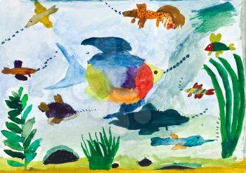 childs painting - tropical fishes in blue sea water