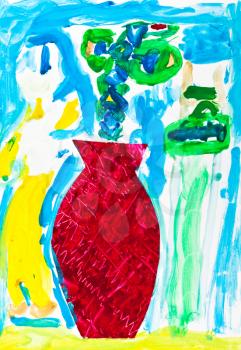 childs painting - blue and green flowers in red vase
