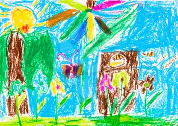 childs drawing - summer lawn with tree and flowers under blue sky
