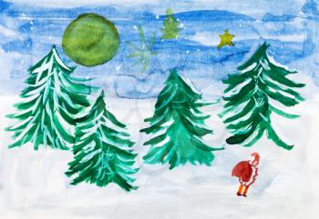childs painting - night Christmas landscape with winter forest, moon and Santa Claus