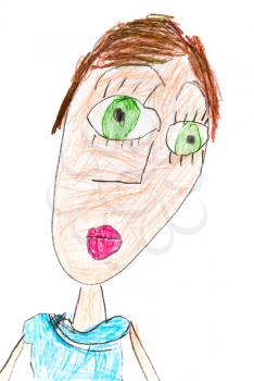 childs drawing - woman with big green eyes