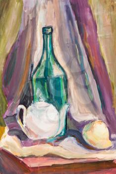 childs painting - still life with green bottle and white teapot on brown drape