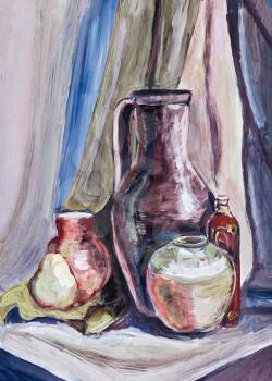 childs painting - still life with ceramic jugs and bowls on brown drape