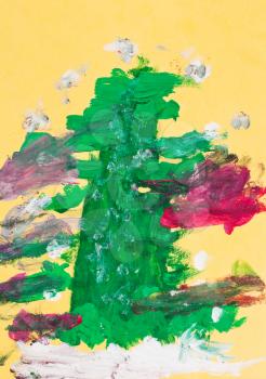 childs drawing - decorated green Christmas tree on yellow background