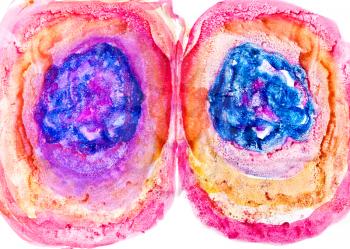 childs drawing - abstract pair of pink and blue circles