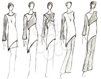 sketch of fashion model - collection of women short summer dresses