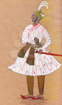 historical clothes - Indian warrior in traditional dress stylized under the Indian miniature 17th century