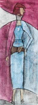 model of woman clothing - urban woman in demi-season clothing - magenta blue