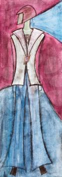 model of woman clothing - urban woman in demi-season clothing - blue magenta