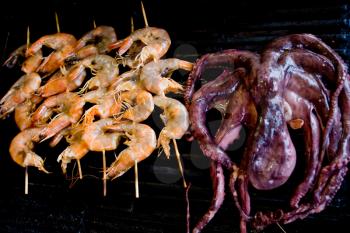 octopus and shrimps on electric grill