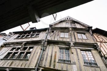 wall of medieval timber framing house in Dinan, France