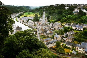 above view on town Dinan and river Rance, France