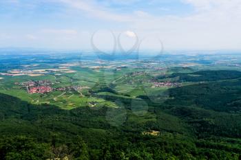 aerial view of green lands and small villages in Alsace, France