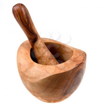 wooden mortar and pestle isolated on white