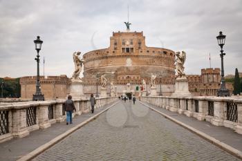 ROME, ITALY - DECEMBER 17: View on St Angel castle - ancient  fortress trough St Angel Bridge on December 17, 2010 in Rome, Italy