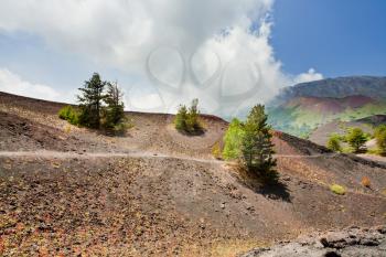mountain path in clinker ground on volcano Etna, Sicily