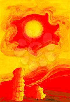 stylized drawing - hot sun in yellow sky over the red-hot desert