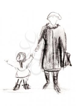 soft pencil sketch - mother with child in winter