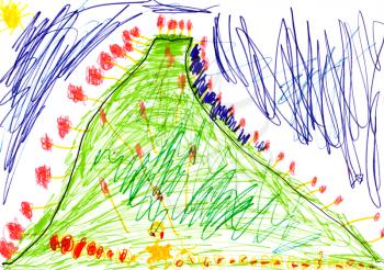 childs drawing - green mount under blue sky