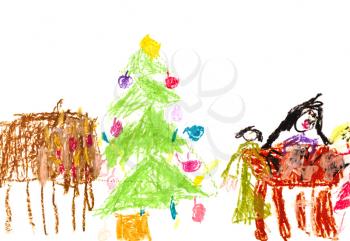 childs drawing - family Christmas dinner near decorated Christmas tree