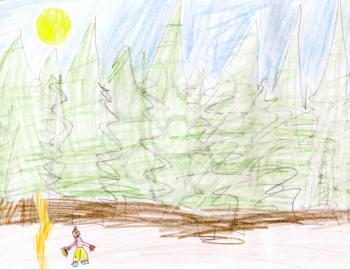 childs drawing - lonely people near green forest
