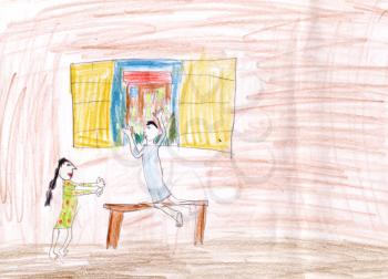 childs drawing - two sisters and home window