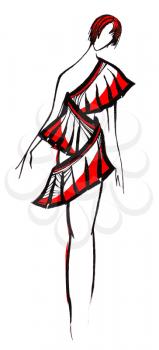 sketch of fashion model - development of short dress from wide stripe with slits